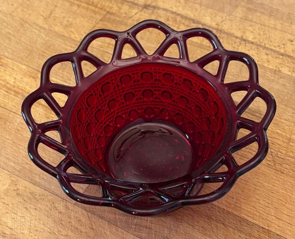 Vintage Imperial Glass Ruby Red #7455 Laced Edge Sugar Cane Bowl 1930s USA 6 in.